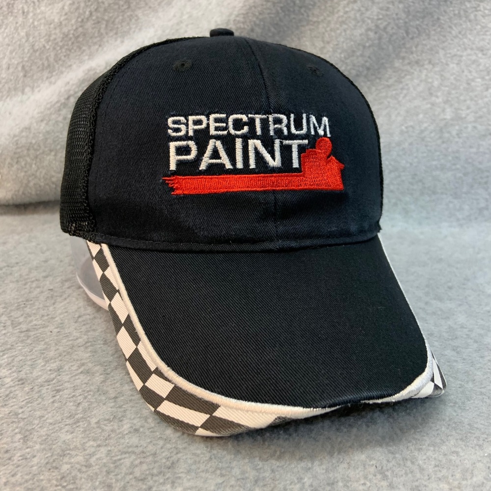 Spectrum Paint Mens Black Port Authority Trucker Hat Checkered Brim OSFM